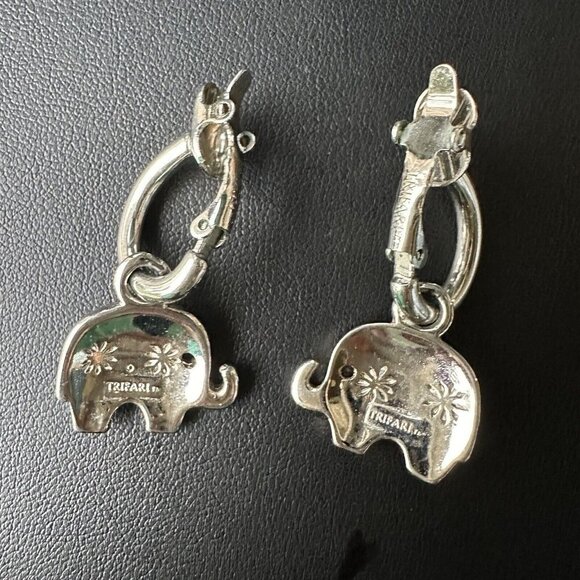 Vintage Trifari‎ Elephant Earrings Dangle  Filigree Floral Silver Tone Clip On - Picture 4 of 5